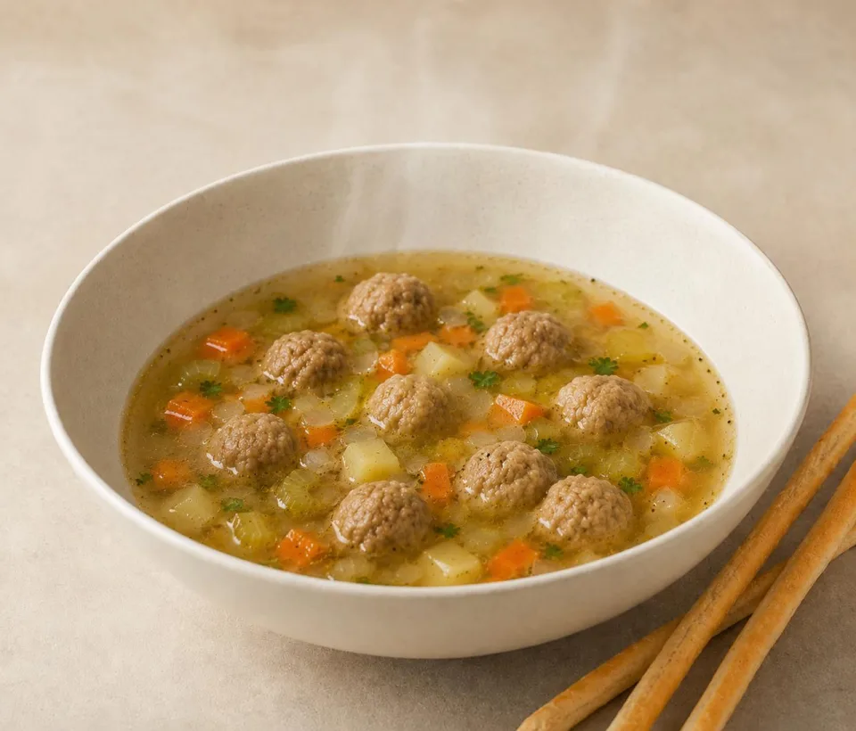 Бульон с мясными фрикадельками и гриссини